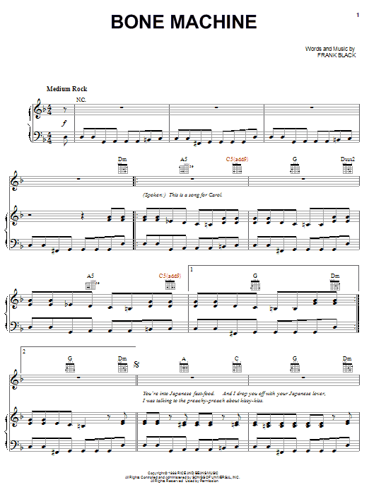 Download Pixies Bone Machine Sheet Music and learn how to play Piano, Vocal & Guitar (Right-Hand Melody) PDF digital score in minutes