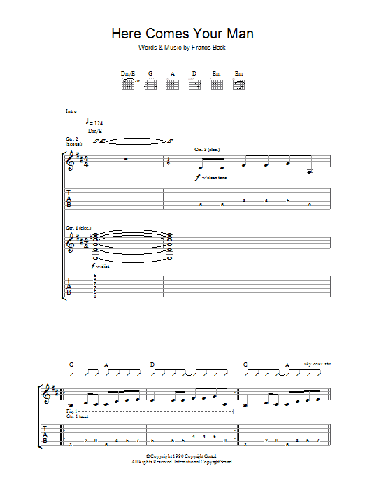 Download Pixies Here Comes Your Man Sheet Music and learn how to play Piano, Vocal & Guitar (Right-Hand Melody) PDF digital score in minutes