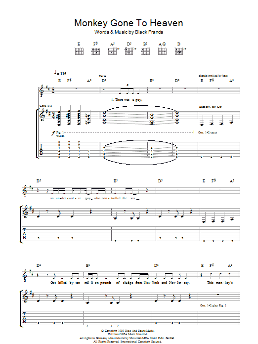 Download Pixies Monkey Gone To Heaven Sheet Music and learn how to play Piano, Vocal & Guitar (Right-Hand Melody) PDF digital score in minutes