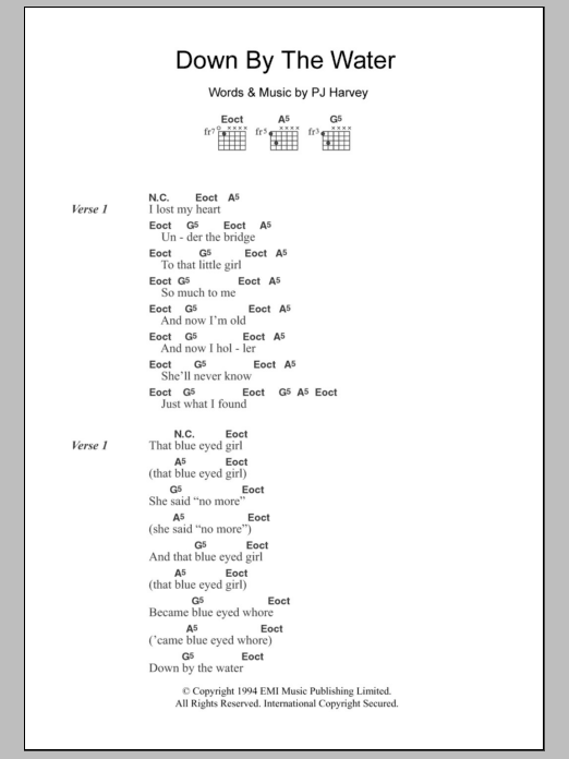 Download PJ Harvey Down By The Water Sheet Music and learn how to play Lyrics & Chords PDF digital score in minutes