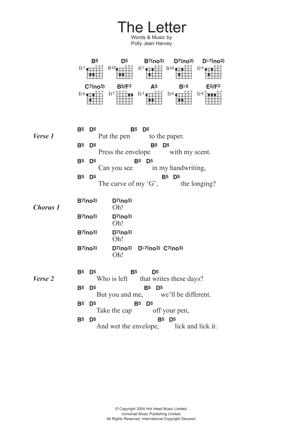 Download PJ Harvey The Letter Sheet Music and learn how to play Guitar Chords/Lyrics PDF digital score in minutes