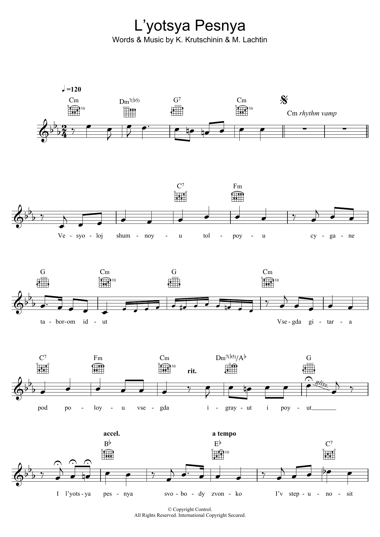Download Pjotr Leschenko L'yotsya Pesnya Sheet Music and learn how to play Melody Line, Lyrics & Chords PDF digital score in minutes