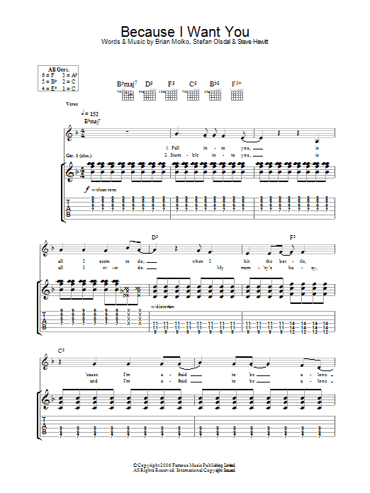 Download Placebo Because I Want You Sheet Music and learn how to play Guitar Tab PDF digital score in minutes