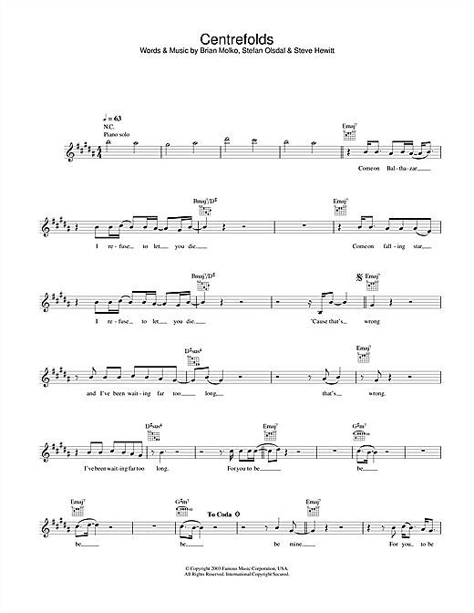 Download Placebo Centrefolds Sheet Music and learn how to play Melody Line, Lyrics & Chords PDF digital score in minutes