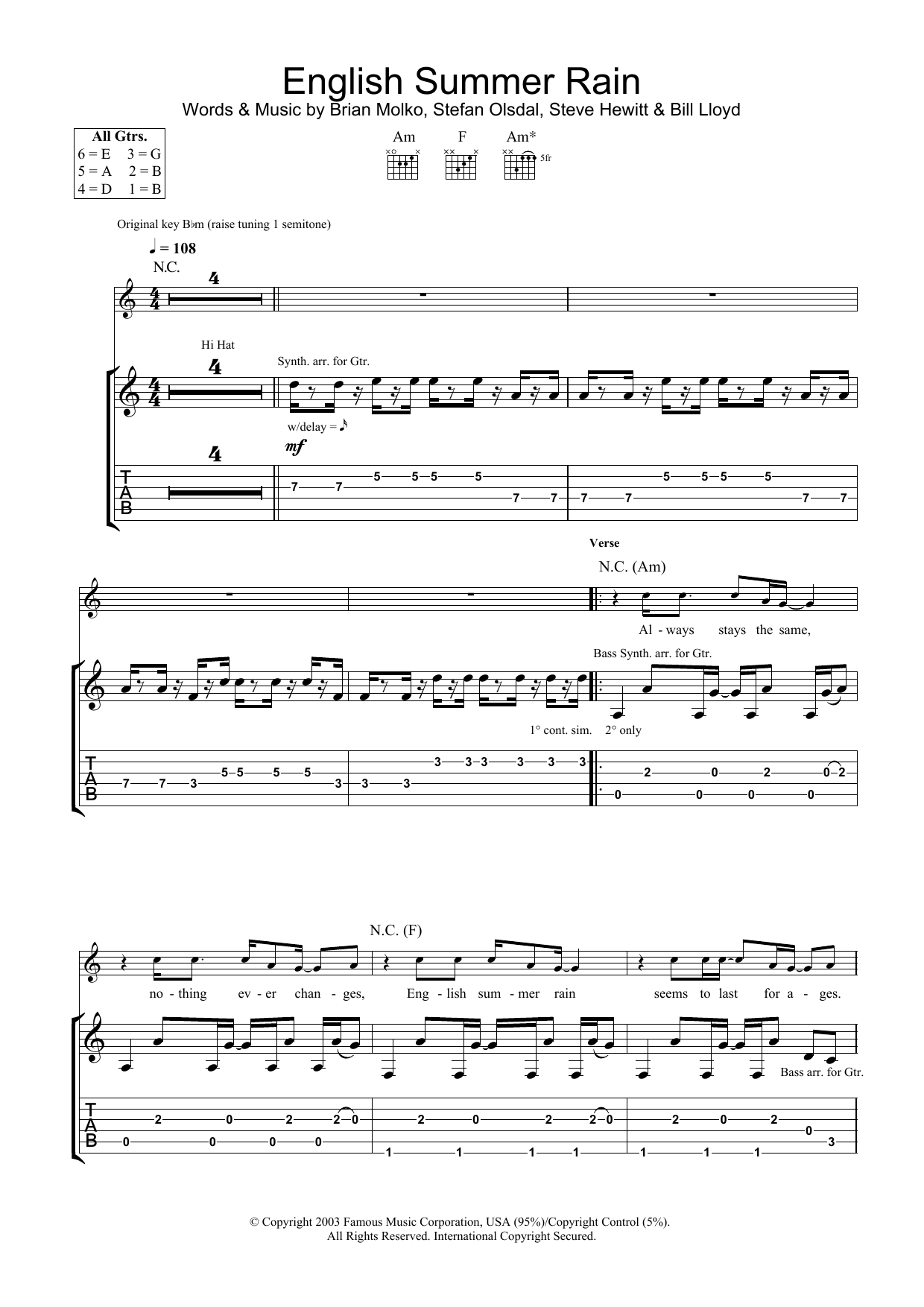 Download Placebo English Summer Rain Sheet Music and learn how to play Guitar Tab PDF digital score in minutes