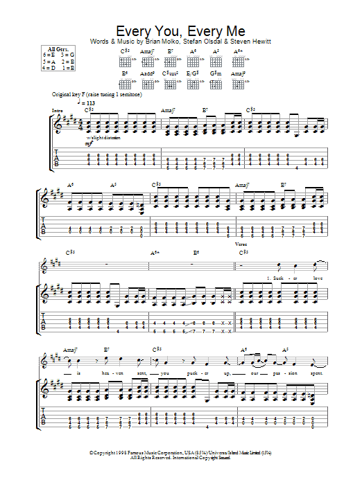 Download Placebo Every You Every Me Sheet Music and learn how to play Guitar Tab PDF digital score in minutes