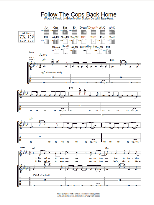 Download Placebo Follow The Cops Back Home Sheet Music and learn how to play Guitar Tab PDF digital score in minutes