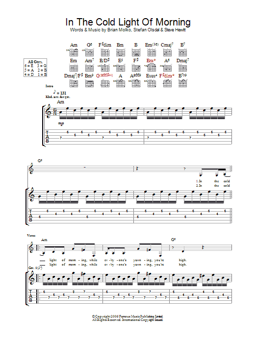 Download Placebo In The Cold Light Of Morning Sheet Music and learn how to play Guitar Tab PDF digital score in minutes