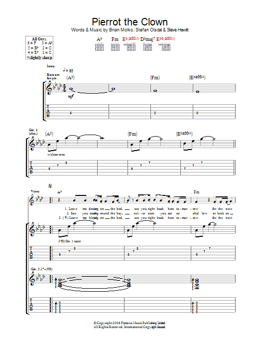 Download Placebo Pierrot The Clown Sheet Music and learn how to play Guitar Tab PDF digital score in minutes