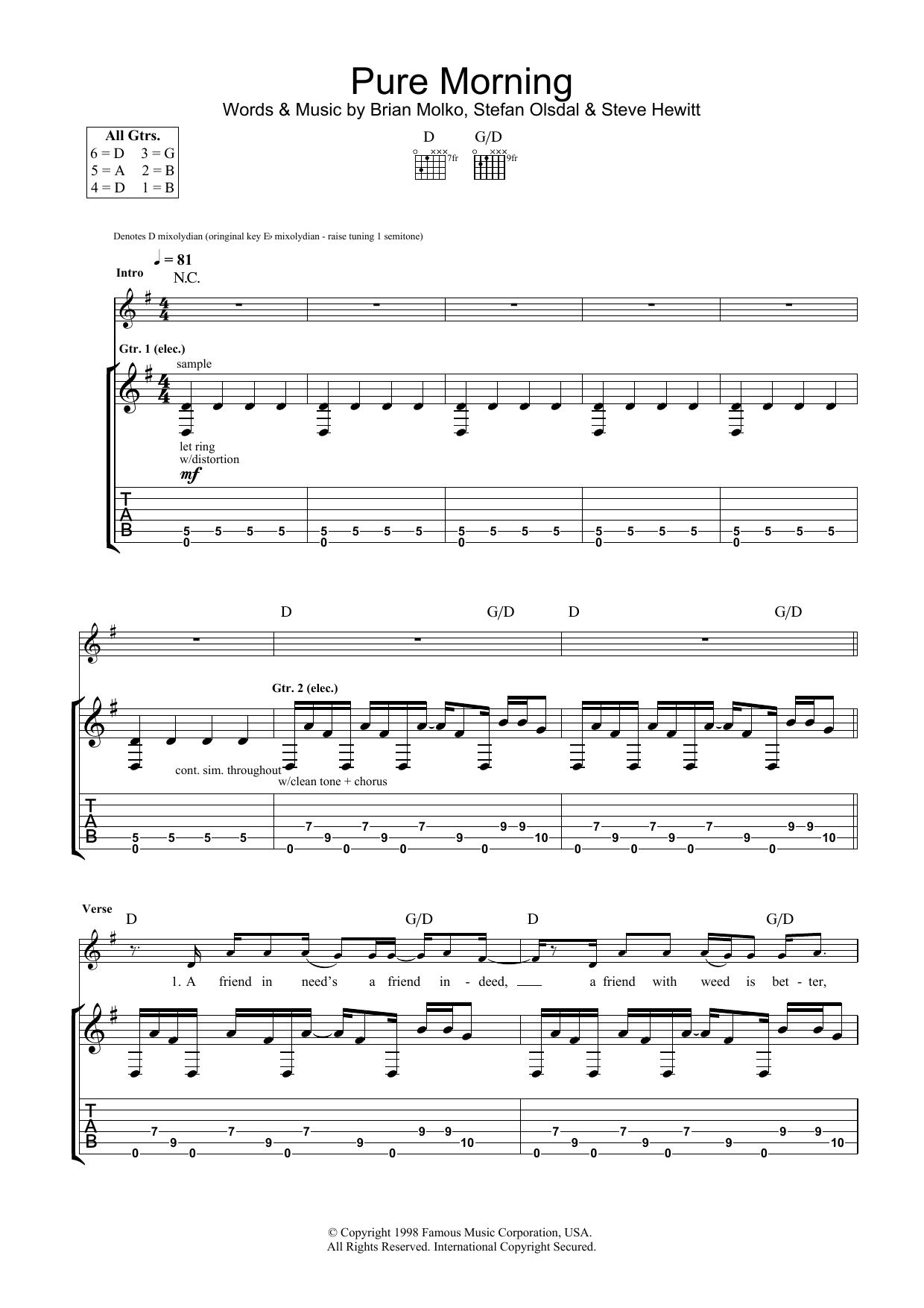 Download Placebo Pure Morning Sheet Music and learn how to play Guitar Tab PDF digital score in minutes