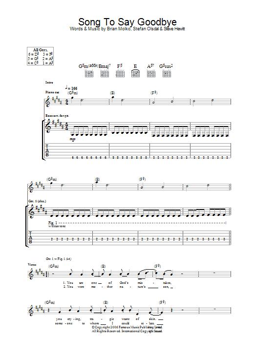 Download Placebo Song To Say Goodbye Sheet Music and learn how to play Guitar Tab PDF digital score in minutes