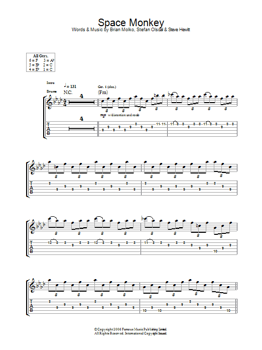 Download Placebo Space Monkey Sheet Music and learn how to play Guitar Tab PDF digital score in minutes