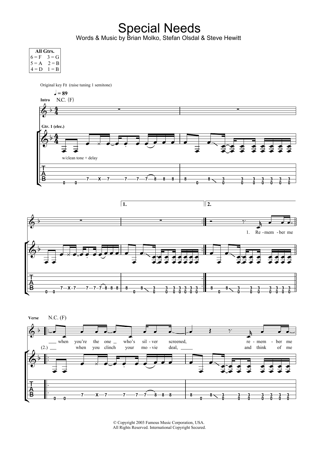 Download Placebo Special Needs Sheet Music and learn how to play Guitar Tab PDF digital score in minutes