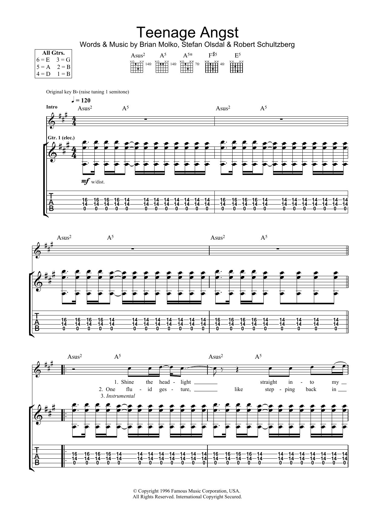 Download Placebo Teenage Angst Sheet Music and learn how to play Guitar Tab PDF digital score in minutes