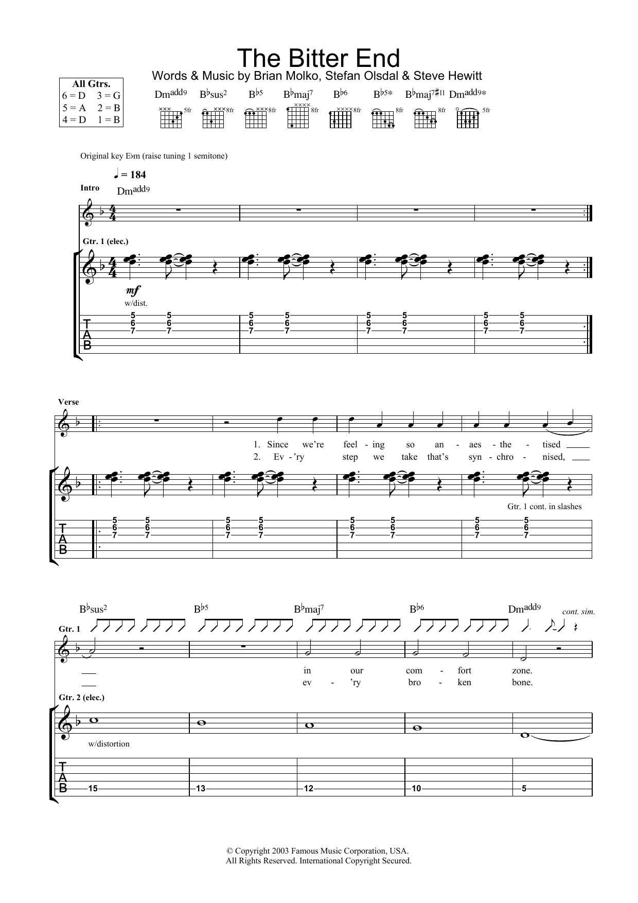 Download Placebo The Bitter End Sheet Music and learn how to play Melody Line, Lyrics & Chords PDF digital score in minutes