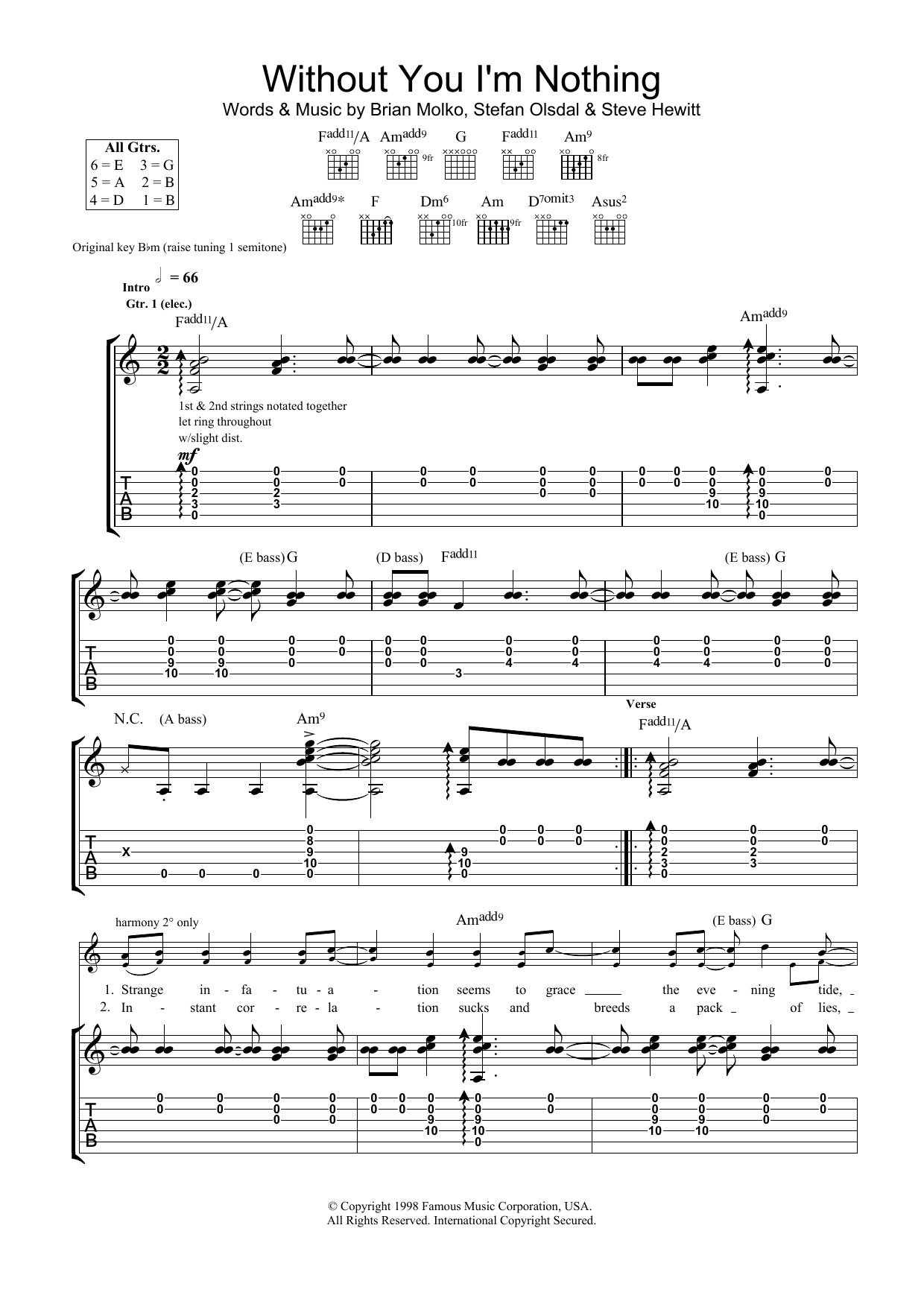 Download Placebo Without You I'm Nothing Sheet Music and learn how to play Guitar Tab PDF digital score in minutes