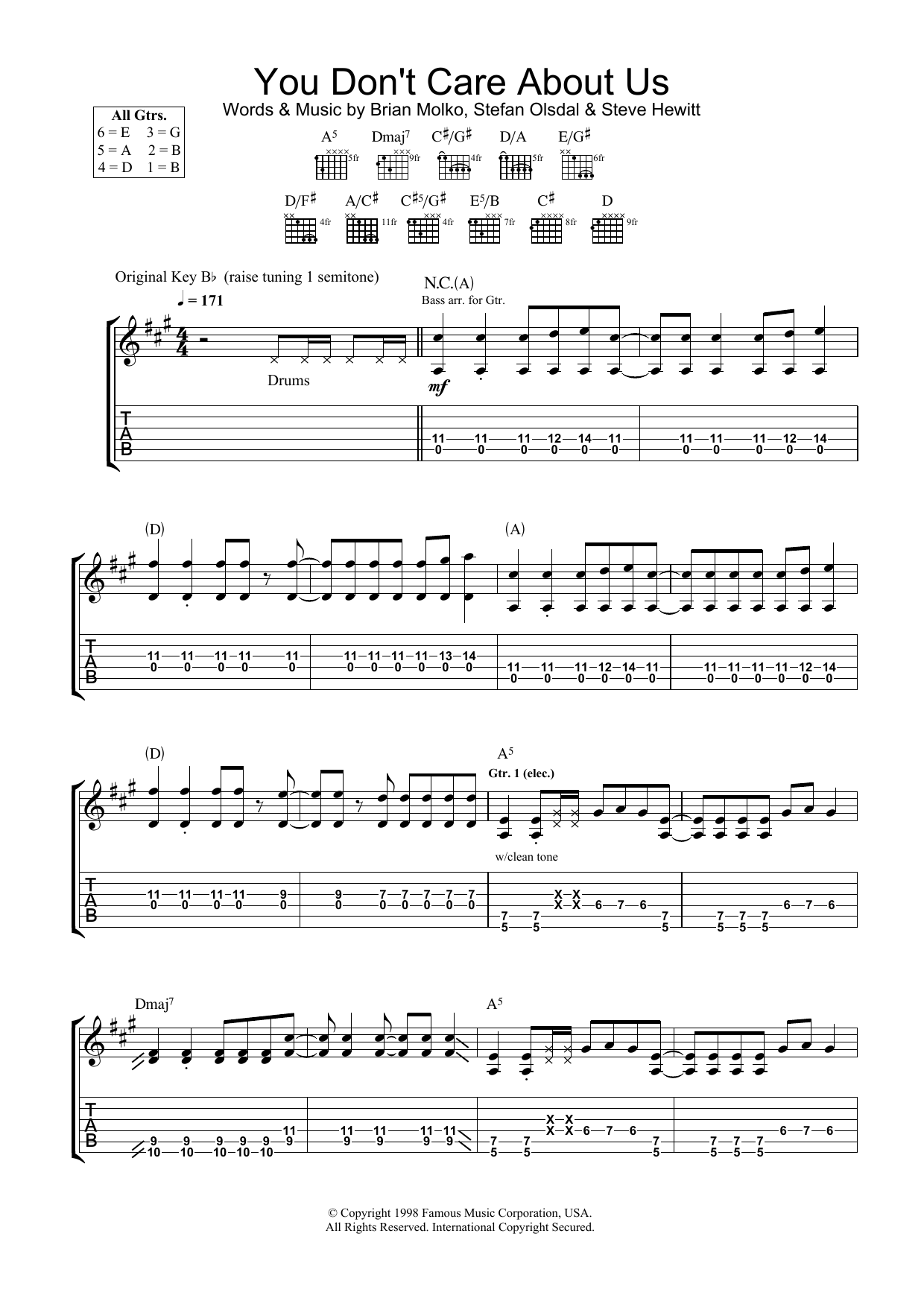 Download Placebo You Don't Care About Us Sheet Music and learn how to play Lyrics & Chords PDF digital score in minutes