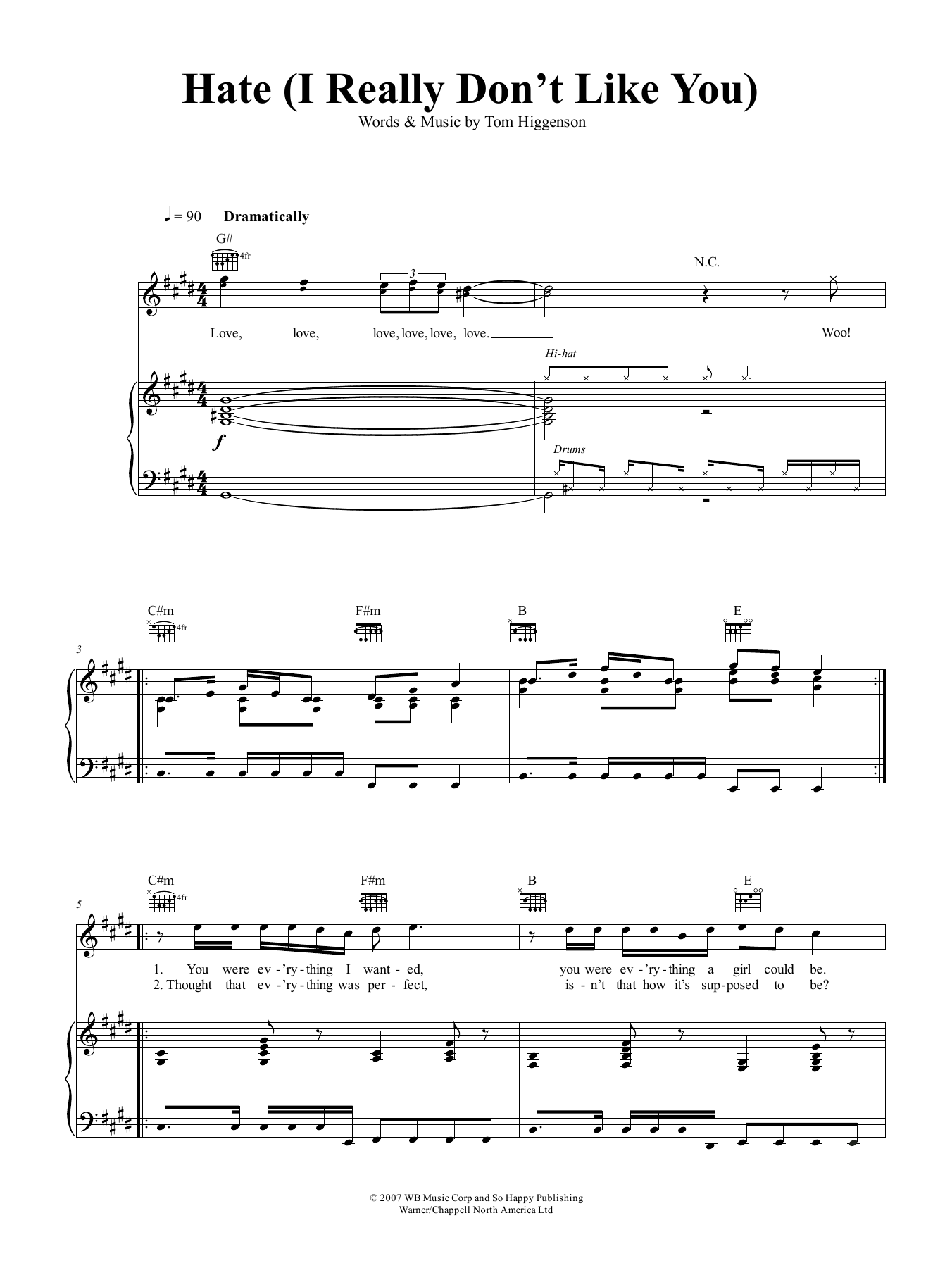 Download Plain White T's Hate (I Really Don't Like You) Sheet Music and learn how to play Piano, Vocal & Guitar (Right-Hand Melody) PDF digital score in minutes