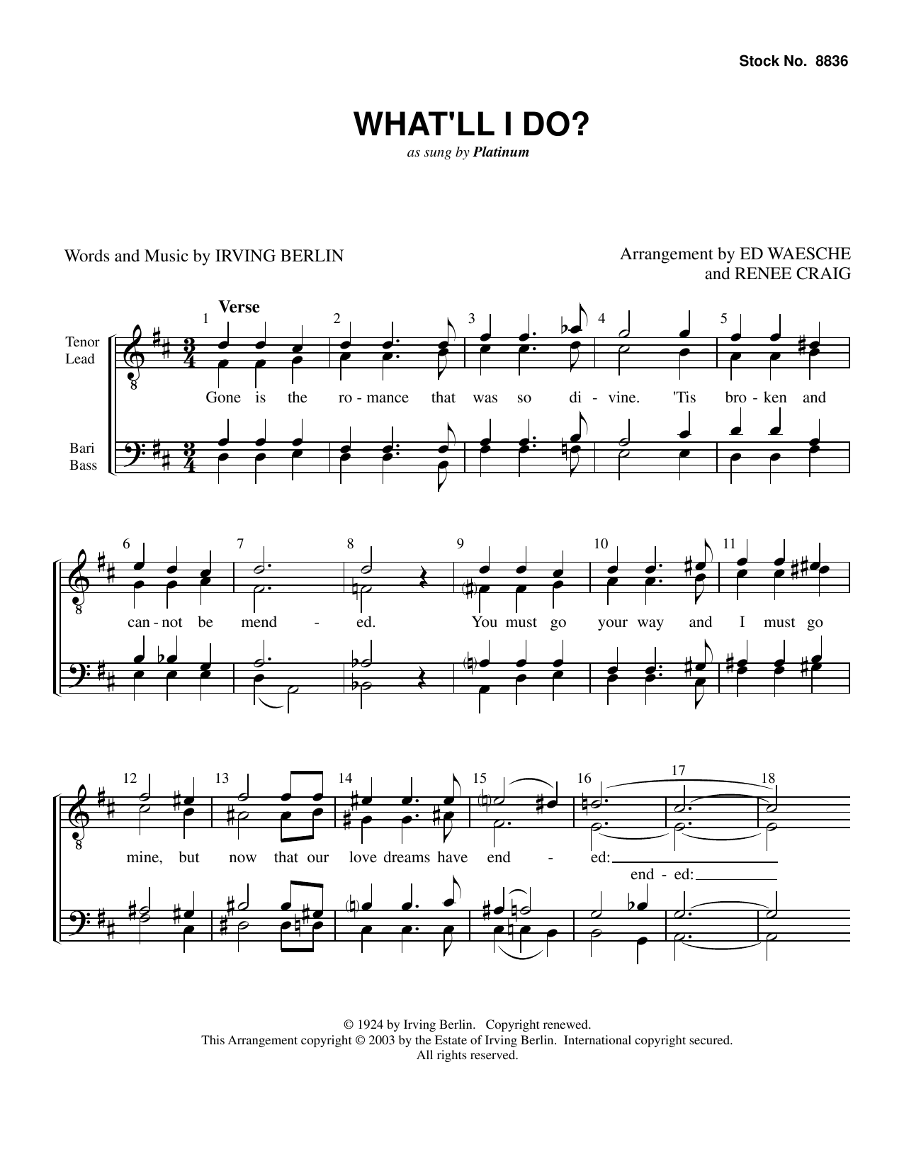 Download Platinum What'll I Do? (arr. Ed Waesche, Renee Craig) Sheet Music and learn how to play TTBB Choir PDF digital score in minutes