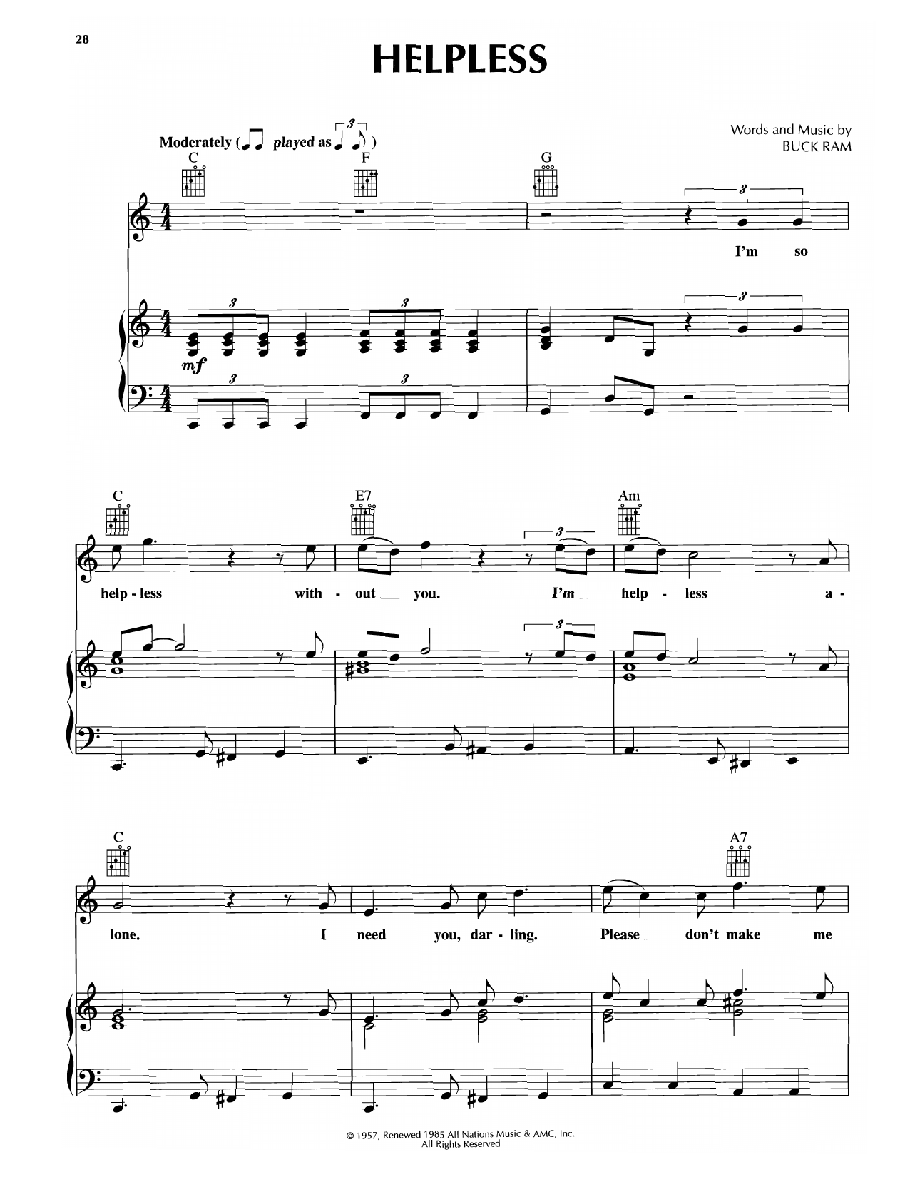 Download Platters Helpless Sheet Music and learn how to play Piano, Vocal & Guitar Chords (Right-Hand Melody) PDF digital score in minutes