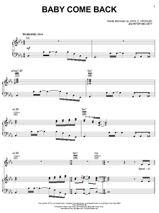 Download Player Baby Come Back Sheet Music and learn how to play Easy Piano PDF digital score in minutes