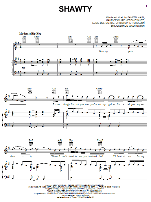 Download Plies Shawty (feat. T-Pain) Sheet Music and learn how to play Piano, Vocal & Guitar (Right-Hand Melody) PDF digital score in minutes