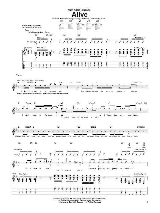 Download P.O.D. (Payable On Death) Alive Sheet Music and learn how to play Bass Guitar Tab PDF digital score in minutes