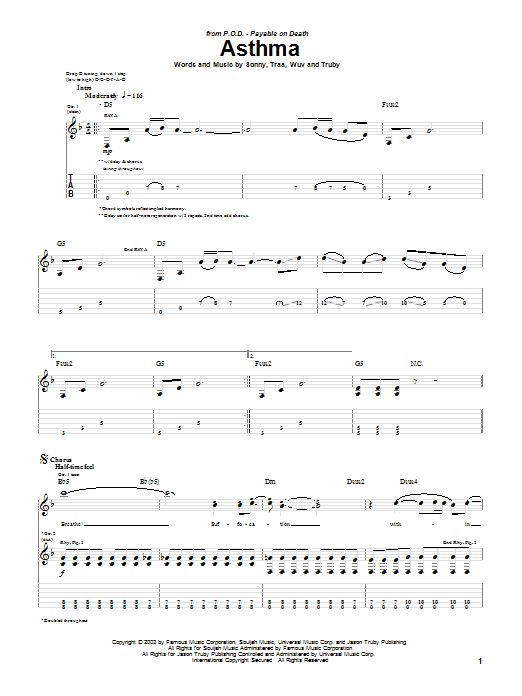 Download P.O.D. (Payable On Death) Asthma Sheet Music and learn how to play Guitar Tab PDF digital score in minutes