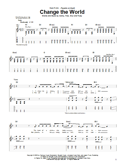 Download P.O.D. (Payable On Death) Change The World Sheet Music and learn how to play Guitar Tab PDF digital score in minutes