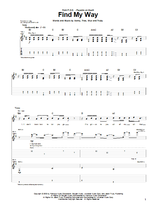 Download P.O.D. (Payable On Death) Find My Way Sheet Music and learn how to play Guitar Tab PDF digital score in minutes