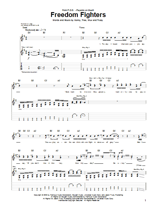 Download P.O.D. (Payable On Death) Freedom Fighters Sheet Music and learn how to play Guitar Tab PDF digital score in minutes
