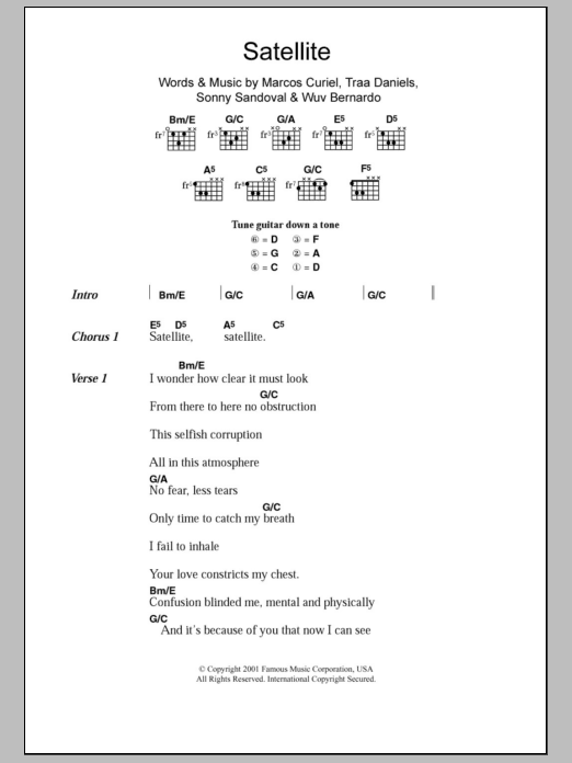Download P.O.D. Satellite Sheet Music and learn how to play Lyrics & Chords PDF digital score in minutes