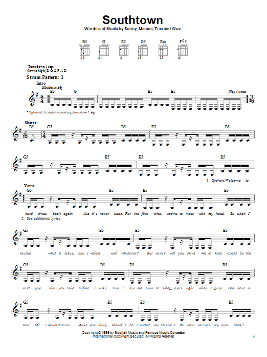 Download P.O.D. (Payable On Death) Southtown Sheet Music and learn how to play Easy Guitar PDF digital score in minutes