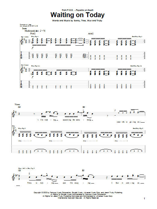Download P.O.D. (Payable On Death) Waiting On Today Sheet Music and learn how to play Guitar Tab PDF digital score in minutes