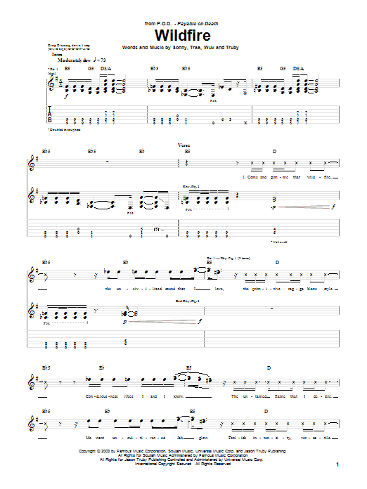 Download P.O.D. (Payable On Death) Wildfire Sheet Music and learn how to play Guitar Tab PDF digital score in minutes