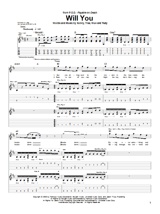Download P.O.D. (Payable On Death) Will You Sheet Music and learn how to play Guitar Tab PDF digital score in minutes