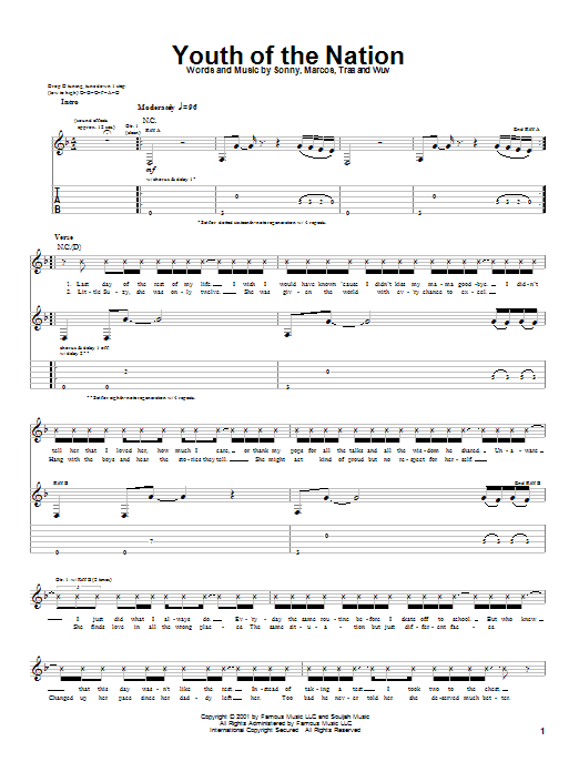 Download P.O.D. (Payable On Death) Youth Of The Nation Sheet Music and learn how to play Guitar Tab PDF digital score in minutes