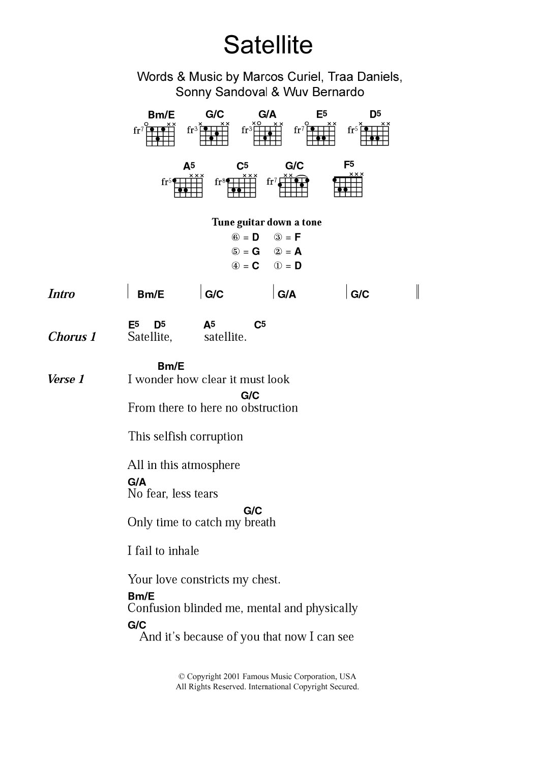 Download P.O.D. Satellite Sheet Music and learn how to play Guitar Chords/Lyrics PDF digital score in minutes