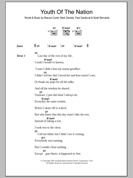 Download P.O.D. Youth Of The Nation Sheet Music and learn how to play Lyrics & Chords PDF digital score in minutes