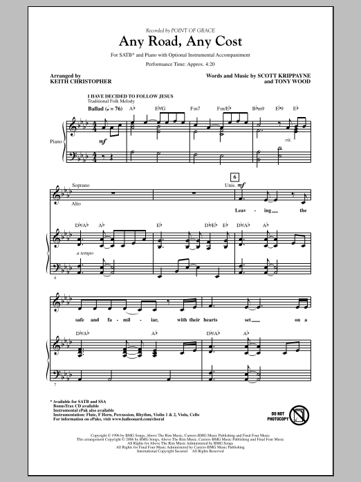 Download Point Of Grace Any Road, Any Cost (arr. Keith Christopher) Sheet Music and learn how to play SSA PDF digital score in minutes