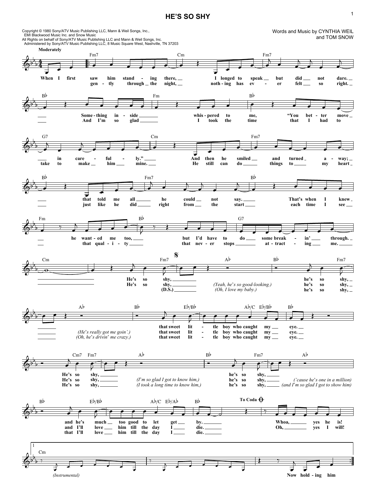 Download The Pointer Sisters He's So Shy Sheet Music and learn how to play Melody Line, Lyrics & Chords PDF digital score in minutes