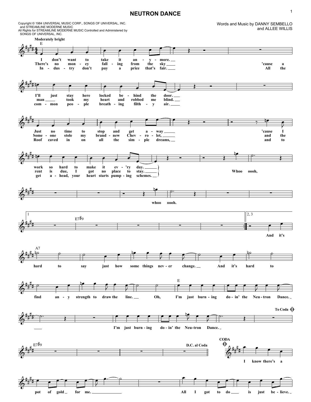 Download Pointer Sisters Neutron Dance Sheet Music and learn how to play Melody Line, Lyrics & Chords PDF digital score in minutes