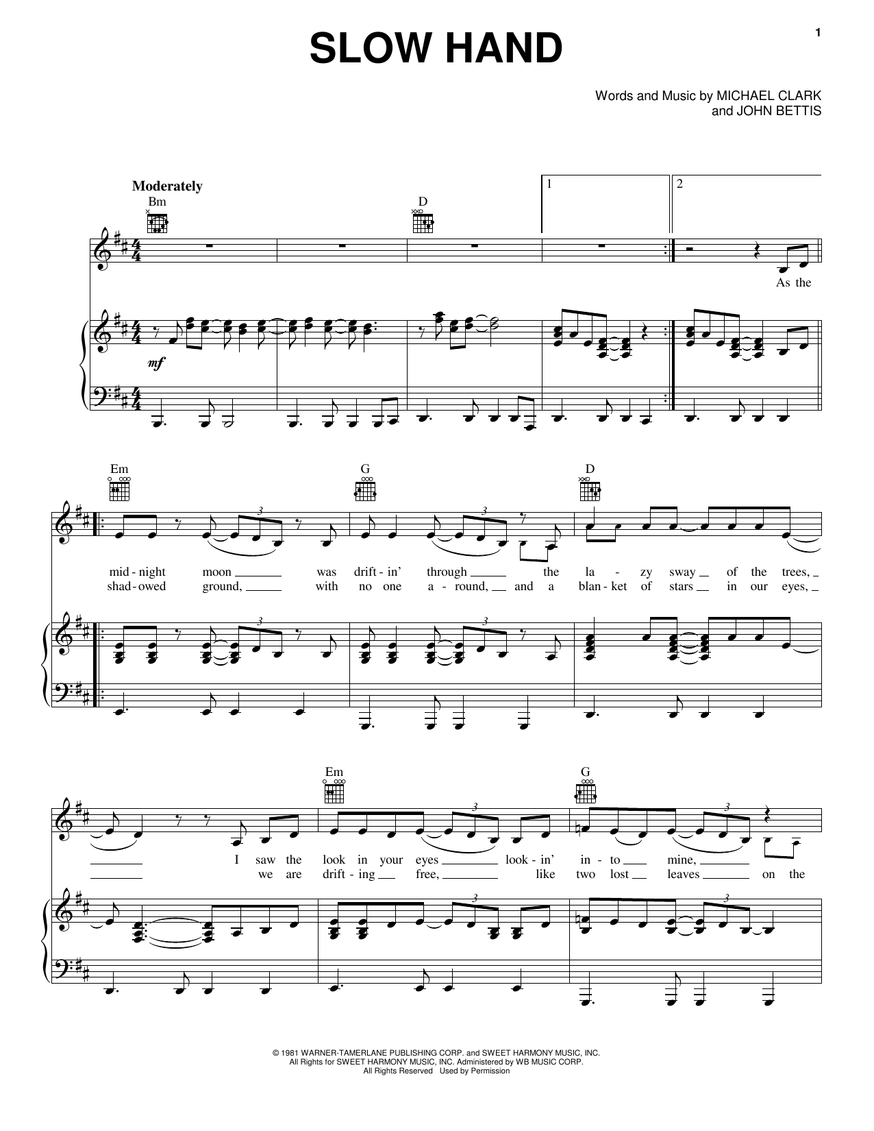 Download The Pointer Sisters Slow Hand Sheet Music and learn how to play Piano, Vocal & Guitar (Right-Hand Melody) PDF digital score in minutes