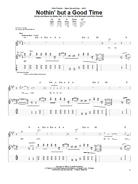 Download Poison Nothin' But A Good Time Sheet Music and learn how to play Guitar Tab PDF digital score in minutes