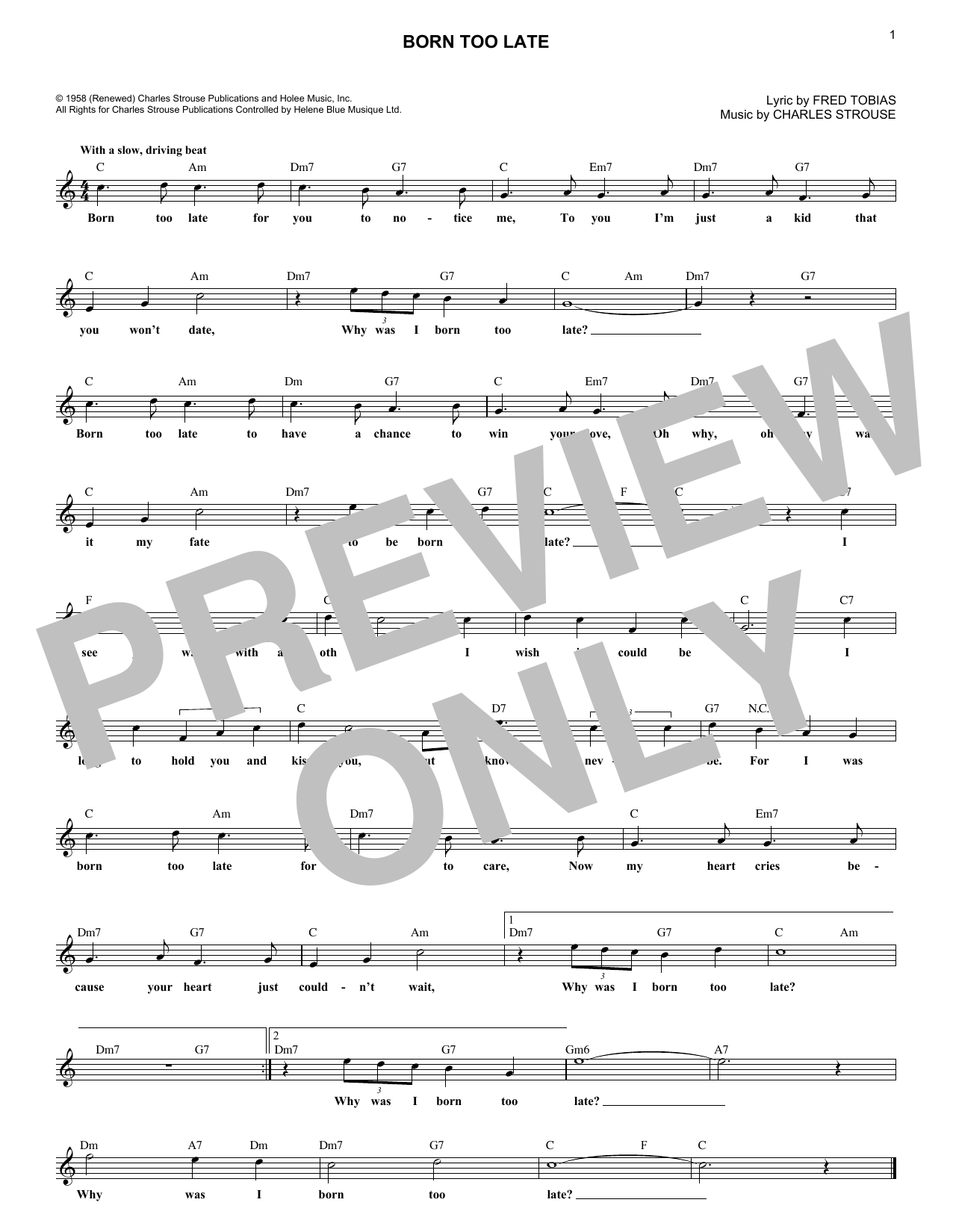 Download Poni-Tails Born Too Late Sheet Music and learn how to play Melody Line, Lyrics & Chords PDF digital score in minutes