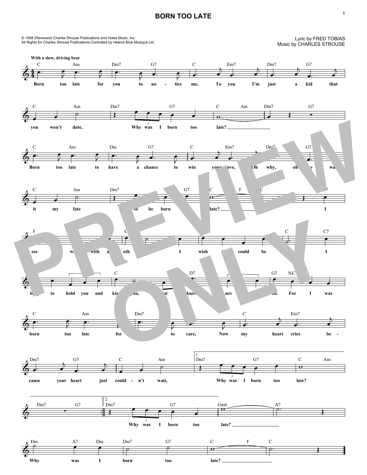 Download Poni-Tails Born Too Late Sheet Music and learn how to play Piano & Vocal PDF digital score in minutes