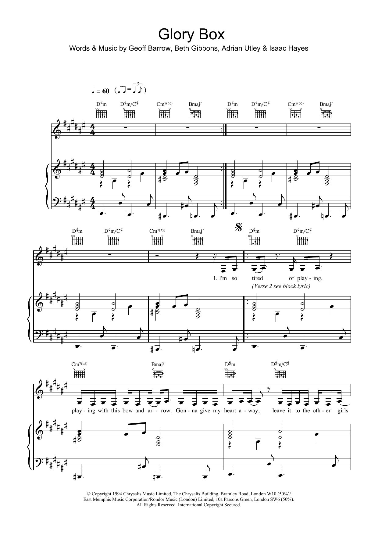 Download Portishead Glory Box Sheet Music and learn how to play Piano, Vocal & Guitar PDF digital score in minutes
