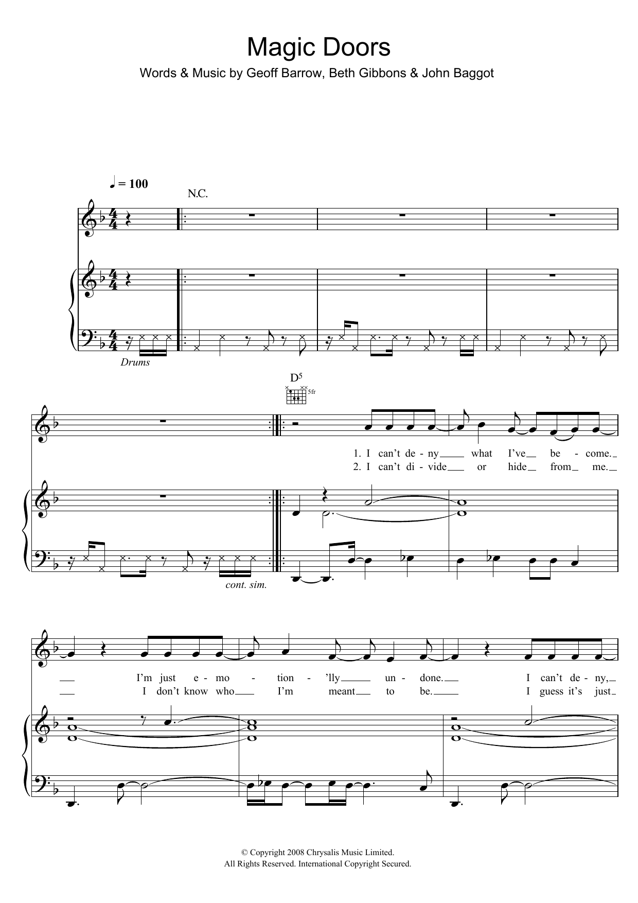 Download Portishead Magic Doors Sheet Music and learn how to play Piano, Vocal & Guitar PDF digital score in minutes