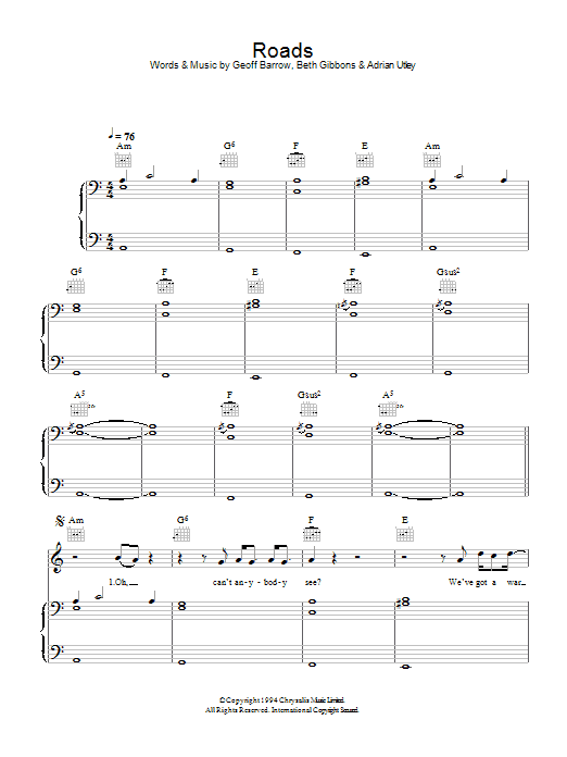 Download Portishead Roads Sheet Music and learn how to play Piano, Vocal & Guitar PDF digital score in minutes