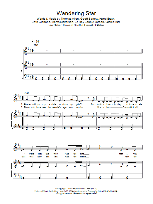 Download Portishead Wandering Star Sheet Music and learn how to play Piano, Vocal & Guitar (Right-Hand Melody) PDF digital score in minutes